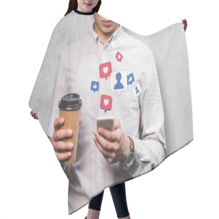 Personality  Cropped View Of Seo Manager Holding Paper Cup, Using Smartphone With Emojis Illustration Hair Cutting Cape