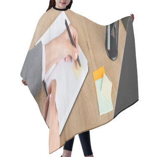 Personality  Cropped View Of Businesswoman Writing On Notebook With Sticky Note, Banner  Hair Cutting Cape
