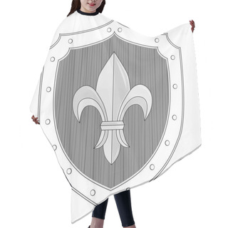 Personality  A Shield Of Wood And Metal With Rivets And A Golden Royal Lily In The Center. The Method Of Protection During The Battle Shield. Hair Cutting Cape