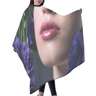 Personality  Partial Portrait Of Beautiful Young Woman With Pink Lips And Purple Eustoma Flowers On Grey Hair Cutting Cape