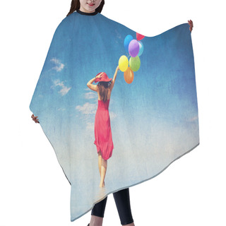 Personality  Brunette Girl With Colour Balloons At Coast. Hair Cutting Cape