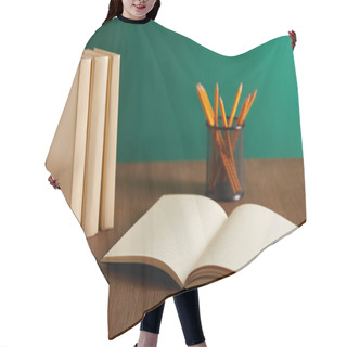 Personality  Open Textbook, Books And Pencils On Wooden Table Hair Cutting Cape