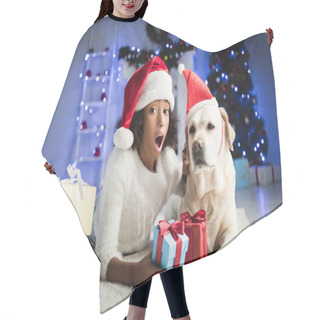 Personality  Excited African American Girl Lying On Floor Near Labrador Dog And Christmas Gifts On Blurred Background Hair Cutting Cape