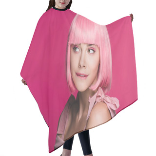Personality  Beautiful Sensual Woman In Pink Wig Biting Lip, Isolated On Pink Hair Cutting Cape