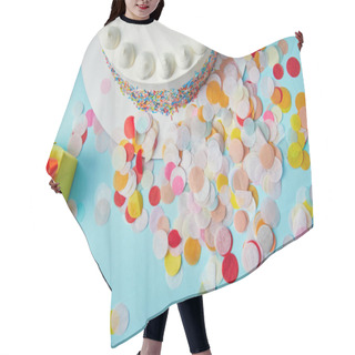 Personality  Top View Of Delicious Cake, Gifts And Confetti On Blue Background Hair Cutting Cape