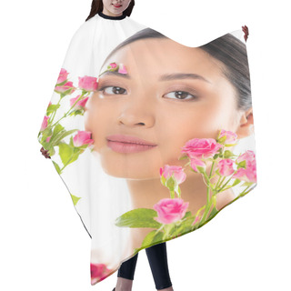 Personality  Portrait Of Young Asian Woman With Floral Decor On Face Near Pink Roses Isolated On White Hair Cutting Cape