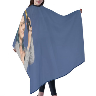 Personality  Happy And Trendy Woman With Bottle Of Champagne Isolated On Blue, Banner Hair Cutting Cape