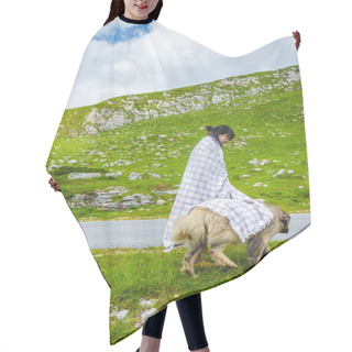Personality  Beautiful Woman In Blanket Covering Fluffy Dog On Valley In Durmitor Massif, Montenegro Hair Cutting Cape