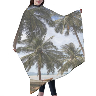 Personality  Palm Trees At Tropical Seashore With Boat Standing On Ground Hair Cutting Cape