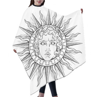 Personality  Hand Drawn Antique Style Sun With Face Of The Greek And Roman God Apollo. Flash Tattoo Or Print Design Vector Illustration Hair Cutting Cape
