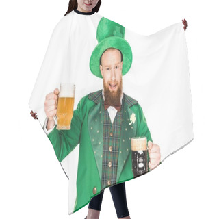 Personality  Handsome Bearded Man In Green Costume And Hat Holding Glasses Of Beer And Looking At Camera Isolated On White   Hair Cutting Cape