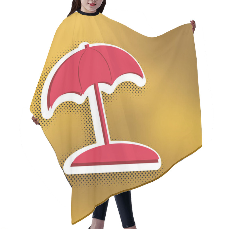 Personality  Umbrella and sun lounger sign. Vector. Magenta icon with darker shadow, white sticker and black popart shadow on golden background. hair cutting cape