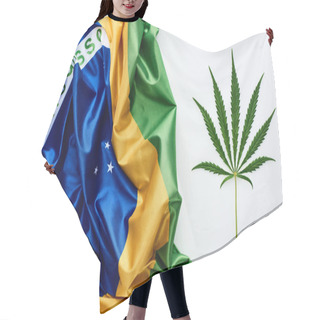 Personality  Top View Of Green Cannabis Leaf Near Flag Of Brazil On White Background Hair Cutting Cape