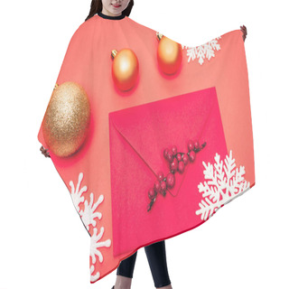 Personality  Top View Of Snowflake, Baubles And Envelope On Red Background Hair Cutting Cape
