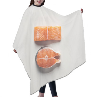 Personality  Top View Of Raw Salmon Steaks On White Marble Surface Hair Cutting Cape