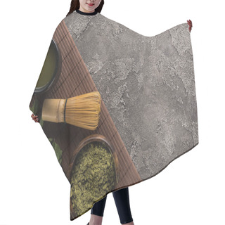 Personality  Top View Of Traditional Matcha Tea With Whisk On Bamboo Mat On Dark Stone Table Hair Cutting Cape