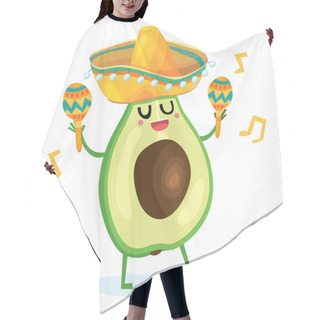 Personality  Vector Illustration Of Colorful Sticker For Mexico Theme. Vector Avocado Sticker In Hat With Maracas Hair Cutting Cape