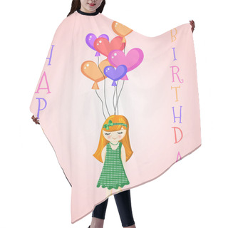 Personality  Vector Illustration Of A Girl Holding Birthday Balloons Hair Cutting Cape