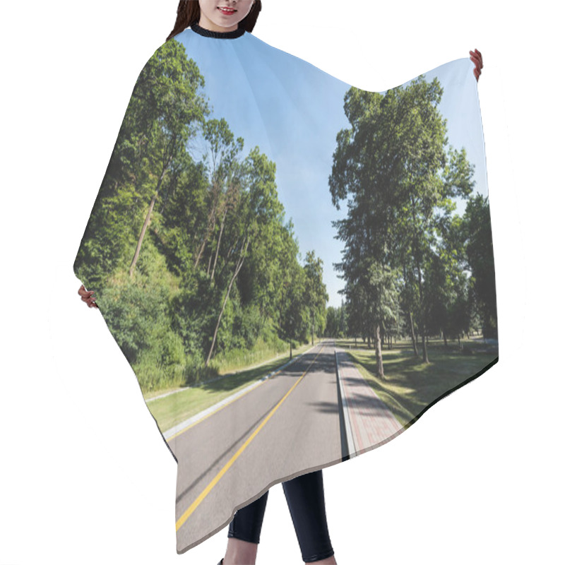 Personality  Road With Yellow Line Near Walkway And Park With Green Trees Hair Cutting Cape