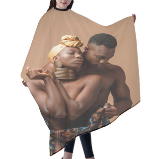 Personality  Sexy Naked Tribal Afro Woman Covered In Blanket Posing Near Man Isolated On Beige Hair Cutting Cape
