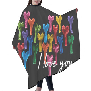 Personality  Top View Of Festive Colorful Balloons Isolated On Black With  I Love You Lettering Hair Cutting Cape