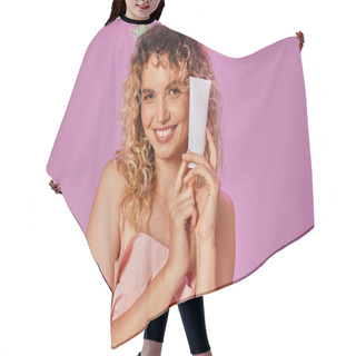 Personality  Happy Blonde Woman With Curly Hair In Tooth Fairy Costume And Headband Holding Tooth Paste Hair Cutting Cape