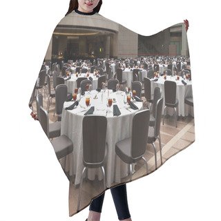 Personality  Large Room Set Up For A Banquet, Round Tables Hair Cutting Cape