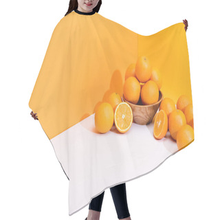 Personality  Fresh Ripe Oranges In Bowl On White Surface On Orange Background Hair Cutting Cape