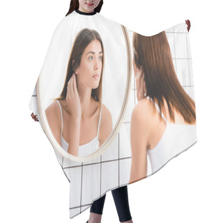 Personality  Young Woman In White Undershirt Looking In Mirror In Bathroom Hair Cutting Cape