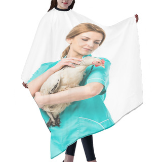 Personality  Portrait Of Veterinarian In Uniform Holding Chicken Isolated On White Hair Cutting Cape