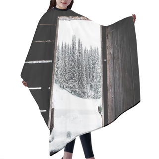Personality  Scenic View Of Snowy Mountains With Pine Trees And White Fluffy Clouds Hair Cutting Cape