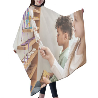 Personality  Cheerful Girl Pulling Beads Near African American Boy, Diversity, Montessori School Concept Hair Cutting Cape