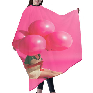 Personality  Beautiful Young Woman Holding Balloons On Pink Hair Cutting Cape