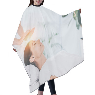 Personality  Peaceful Young Woman With Closed Eyes Receiving Reiki Treatment On Head  Hair Cutting Cape