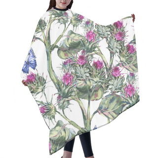 Personality  Watercolor Thistle Seamles Pattern With Blue Butterflies, Wild F Hair Cutting Cape