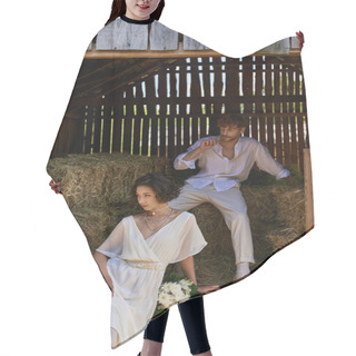Personality  Asian Woman In Wedding Dress Holding Bouquet And Sitting On Hay Near Redhead Groom In Barn, Rural Hair Cutting Cape