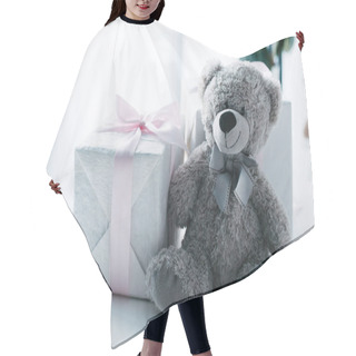 Personality  Selective Focus Of Teddy Bear With Gift Boxes On Table  Hair Cutting Cape