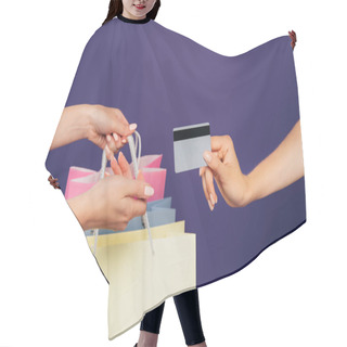 Personality  Cropped View Of Women Holding Shopping Bags And Credit Card Isolated On Purple Hair Cutting Cape