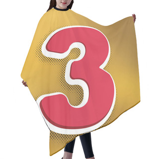 Personality  Number 3 Sign Design Template Element. Vector. Magenta Icon With Darker Shadow, White Sticker And Black Popart Shadow On Golden Background. Hair Cutting Cape