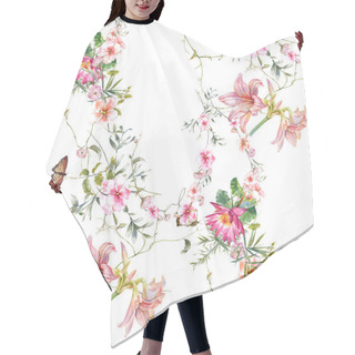 Personality  Watercolor Painting Of Leaf And Flowers, Seamless Pattern On White Background Hair Cutting Cape