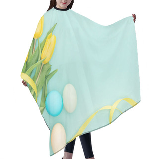 Personality  Top View Of Yellow Tulip Flowers With Ribbon And Easter Eggs Isolated On Blue With Copy Space Hair Cutting Cape