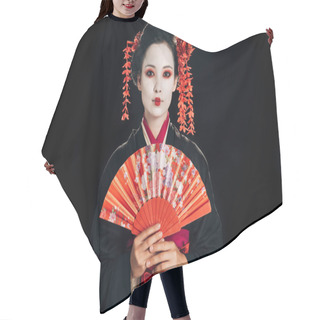 Personality  Beautiful Geisha In Black Kimono With Red Flowers In Hair Holding Traditional Hand Fan Isolated On Black Hair Cutting Cape