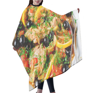 Personality  Chicken (turkey) Stewed With Tomatoes, Olives And Lemon In Itali Hair Cutting Cape