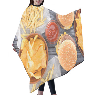 Personality  Top View Of Assorted Junk Food On Wooden Table   Hair Cutting Cape