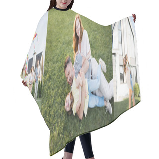 Personality  Collage Of Happy Family Lying On Lawn, Flying Kit And Mother Piggybacking Daughter Near House, Banner Hair Cutting Cape