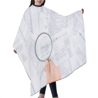 Personality  Cropped View Of Man Holding Magnifying Glass Over Tax Forms Hair Cutting Cape