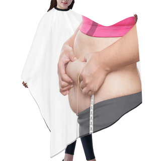 Personality  Fat Woman Measuring Her Stomach Isolated On White Background. Overweight, Obesity. Woman Diet Lifestyle Concept Hair Cutting Cape