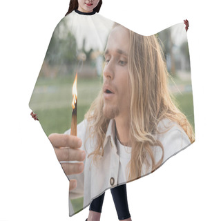 Personality  Long Haired Man In White Clothes Blowing At Burning Palo Santo Stick Hair Cutting Cape