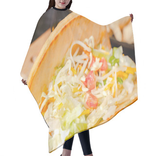 Personality  Closeup Of A Taco Salad In A Tortilla Shell With Chips. Plate With Taco, Nachos Chips And Tomato Dip Hair Cutting Cape