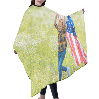 Personality  Happy Child Running In Field With American Flag In Hands Hair Cutting Cape